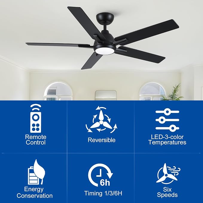 Sevenine 52 Inch Downrod Black Ceiling Fan with Light & Remote, ETL Listed | Easy Installation, 6 Speed, Quiet DC Motor, 3-Level Timer Function, 3 Color Temperature, Forward/Reserve For all Seasons