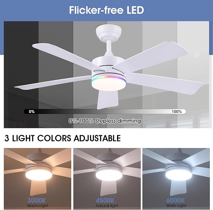 SHIHOT 46" White Modern RGB Ceiling Fans with Lights for Bedroom Kids room | 14 RGB Modes ,Supports Both Remote and APP,6 Wind Speeds, Reversible, Dimmable 3CCT LED Light, 35W Quiet DC Motor,2H Timer