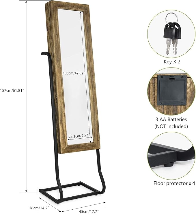 SRIWATANA Jewelry Armoire Cabinet, Solid Wood Standing Jewelry Organizer with Full Length Mirror (Carbonized Black) | Free-Standing Jewelry Armoire; Large Capacity Mirror Organizer with Lockable Door & Sturdy Base