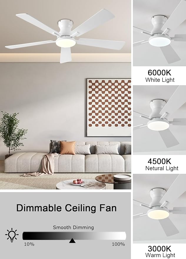 JSAITEE Ceiling Fans with Lights, 52Inch Low Profile Ceiling Fan with Light and Remote/App Control, Modern Flush Mount White Ceiling Fan, 3CCT Dimmable, Reversible DC Motor, for Living Room,Bedroom