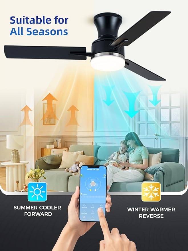 LANMEL 42 Inch Flush Mount Ceiling Fan with Light, App&Remote Control, Low Profile Modern Ceiling Fan, 6 Speed, Reversible, 3000k-6500k Dimmable LED, Quiet DC Motor for Indoor Outdoor, Silver Black