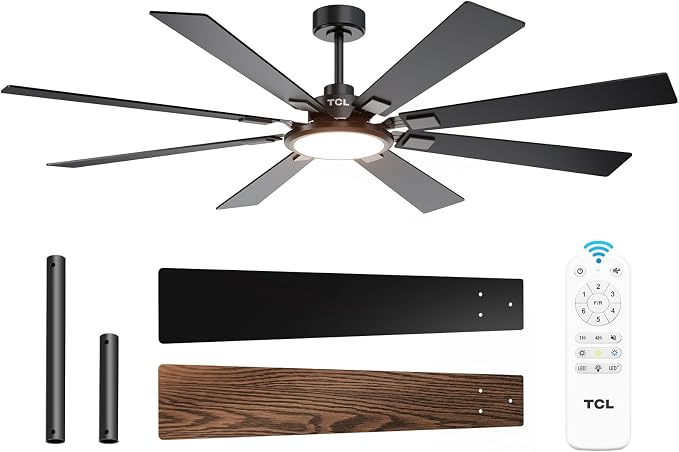 TCL Ceiling Fans with Lights and Remote: 8 Blades, Quiet Reversible DC Motor, Dimmable Super Bright LED, Noiseless Large Modern Fan for Room, Outdoor, Commercial and Industrial Use (Black, 72 Inch)