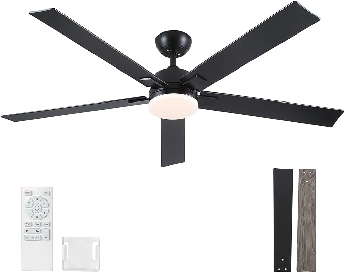Rayqueen 60 Inch Black Ceiling Fans with Lights and Remote,Includes Downrod | 6 Speed Reversible DC motor,3-color temperature dimmable LED.For indoor/covered outdoor.Modern style for bedroom room