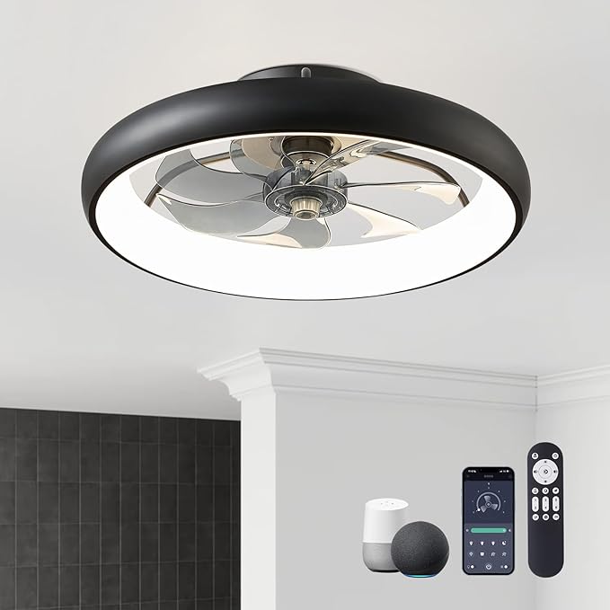 Ceiling Fans with Lights and Remote, 20'' Low Profile Flush Mount, 6 Wind Speeds, Modern Dimmable LED Ceiling Fan, Smart Ceiling Fan for Bedroom, Kids Room (Black)