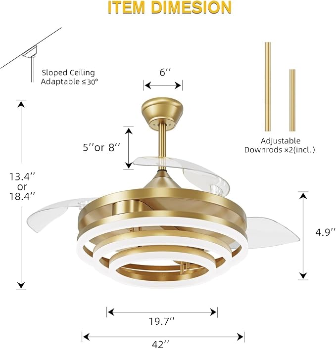 FIDGRA 42 Inch Retractable Ceiling Fan, Chandelier Ceiling Fans with Lights, Silent DC Motor, 6 Speeds, 3 Color Changing for Bedroom Living Room (Gold)