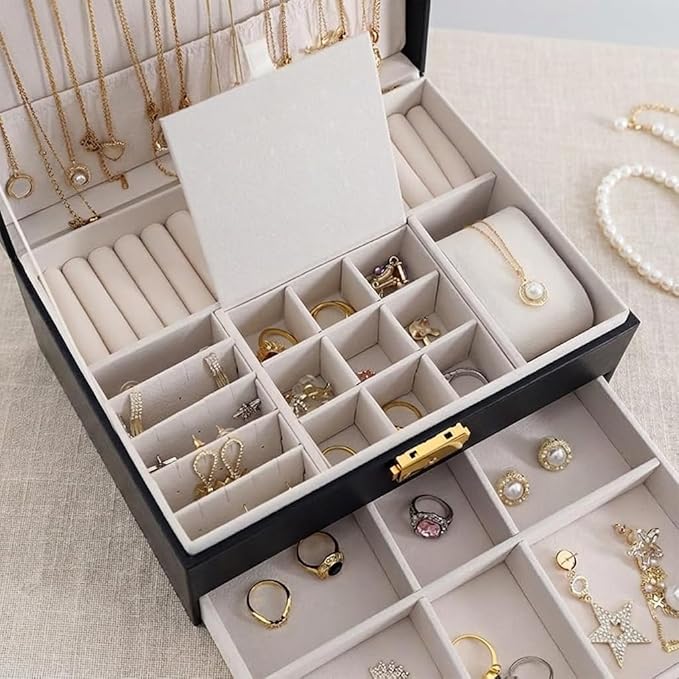GUOER Jewelry Box for Women Girl Wife - Large PU Leather Jewelry Organizer Storage Case with Two Layers Display for Earrings Bracelets Rings Watches Mothers Day Gifts (Black)