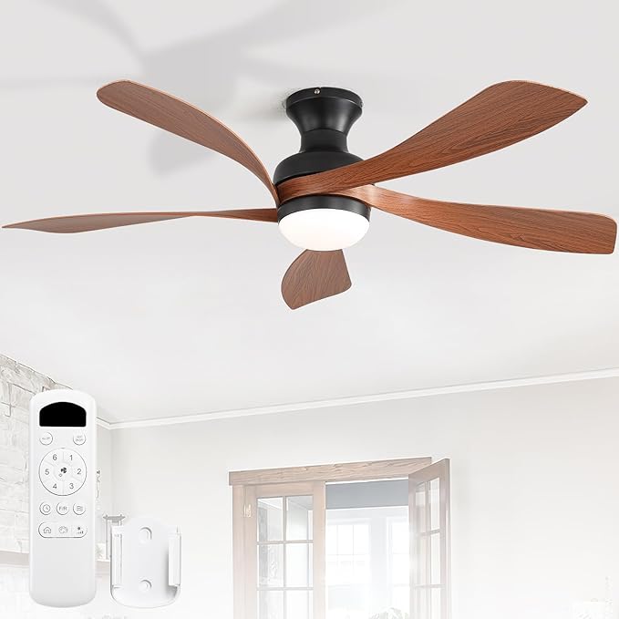 Sofucor 52 Inch Low Profile Ceiling Fan with Light, Flush Mount Outdoor Ceiling Fan with Remote for Farmhouse Bedroom Living Room Patio, Dimmable LED High Airflow Quiet Reversible DC Motor