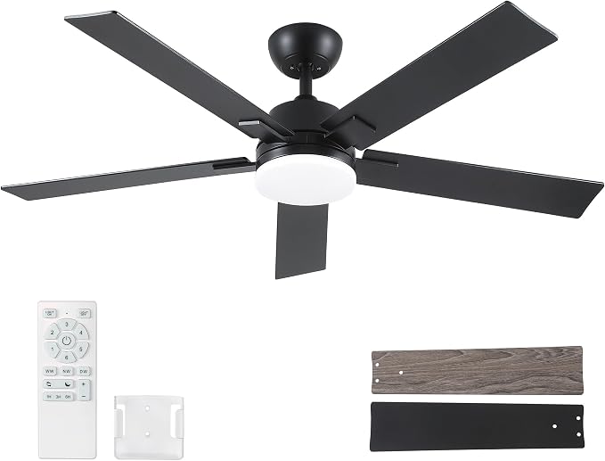 Rayqueen 52 Inch Black Ceiling Fans with Lights and Remote,Includes Downrod | 6 Speed Reversible DC motor,3-color temperature dimmable LED.For indoor/covered outdoor.Modern style for bedroom room