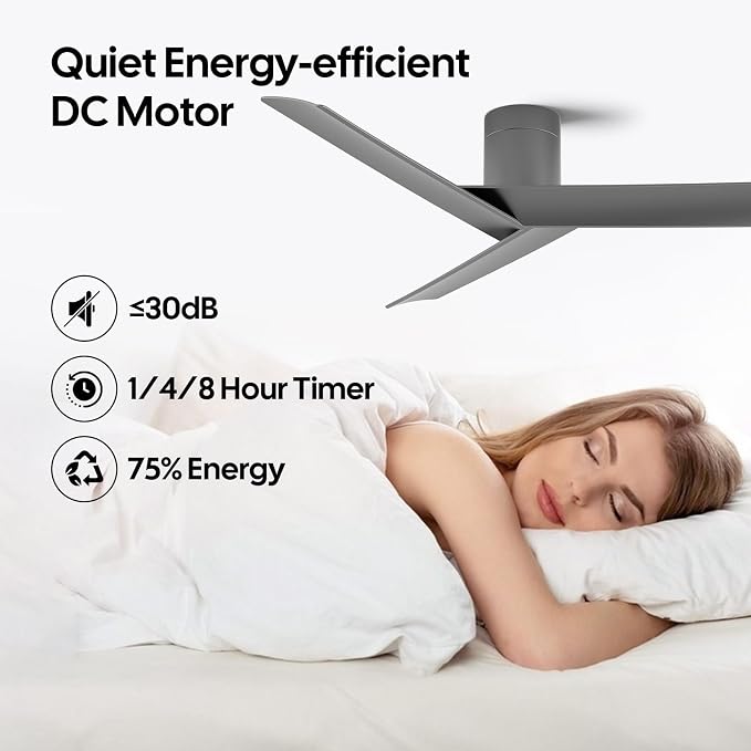 55 inch Flush Mount Ceiling Fan No Light, Modern Low-Profile Hugger Ceiling Fan Without Light, ETL Listed 3 Matte Deep Gray Blade, High CFM Quiet Reversible DC Motor, for Indoor Bedroom, Living Room