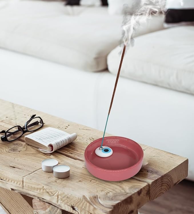 Sermo Evil Eye Ceramic Incense Holder Burner (Dark Pink with White Evil Eye)
