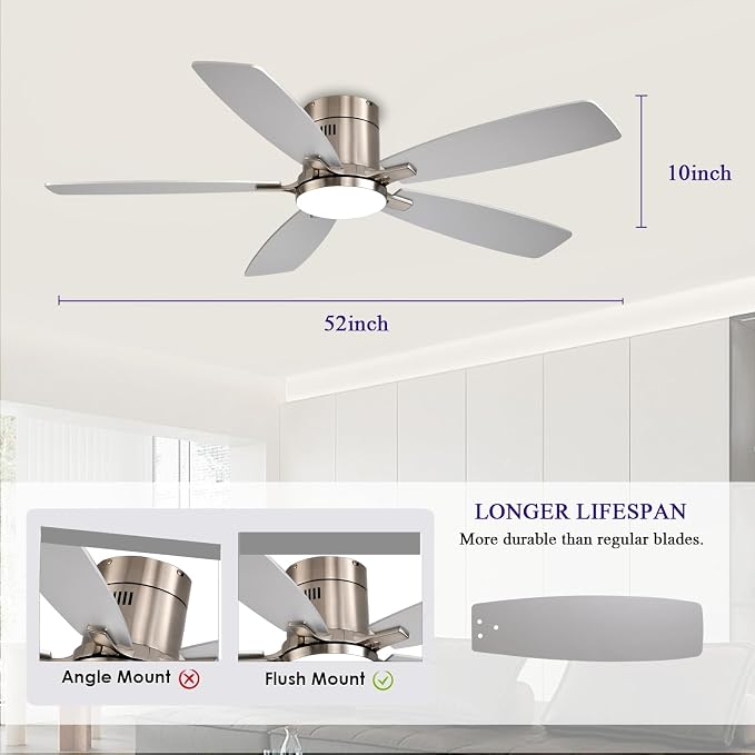 FUMLTP 52 inch Ceiling Fans with Lights, Flush Mount Ceiling Fan with Light and Remote/APP Control, DC Motor, Dimmable LED, Noiseless, Low Profile Ceiling Fan for Bedroom Indoor/Outdoor Use (Nickel