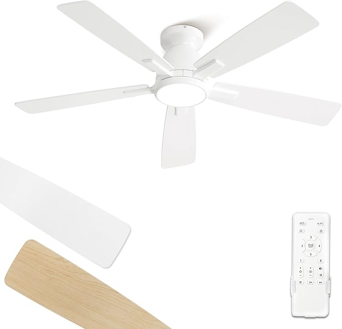 Fanbulous 46 inch Ceiling Fans with Lights, Flush Mount Ceiling Fan and Remote, Modern Low Profile, 3CCT 20W LED Light with 6-Speeds Quiet Reversible Motor, for Bedroom, Living Room, Apartment, White