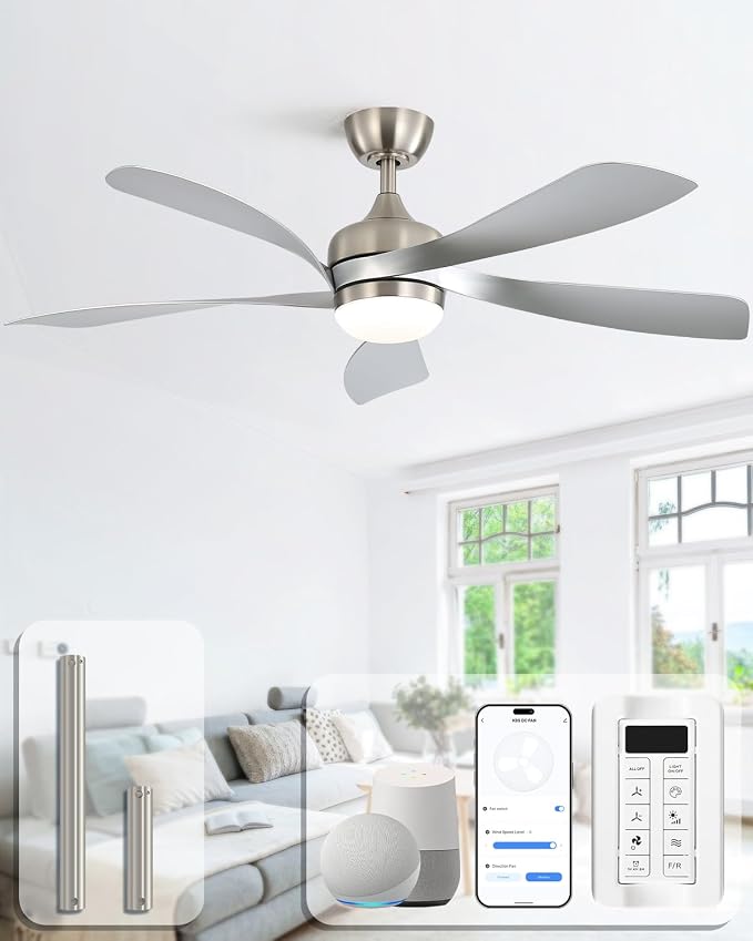 Sofucor 52" Smart Ceiling Fan, Indoor/Outdoor Ceiling Fans with Lights and Remote, Compatible with Alexa/Google/App, 3-Color Light 6-Speed Timing Reversible DC Motor for Bedroom Living Room Patio