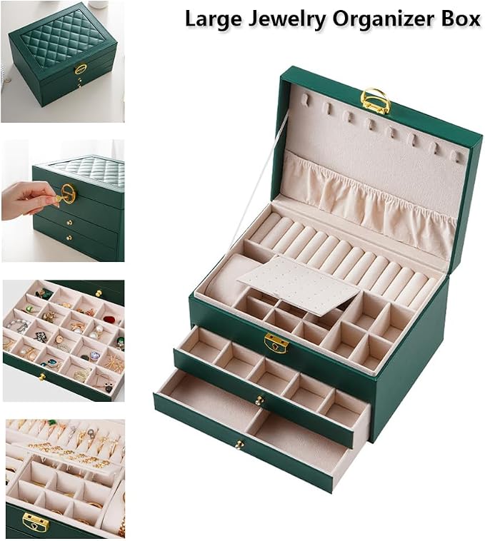 GUOER Jewelry Box for Women Girls, 3 Layers Large Jewelry Organizer (Green) | Vintage Quilting Stitching PU Leather, Earrings Bracelets Rings Necklace Watches Storage Large Jewellery Holder Case Gifts
