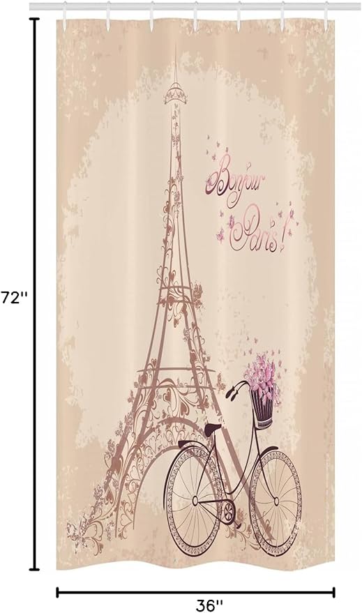 Ambesonne Paris Stall Shower Curtain, Bonjour France Eiffel Tower and Vintage Bicycle Flowers Retro Soft Color Print, Fabric Bathroom Decor Set with Hooks, 36" W x 72" L, Cream Pink