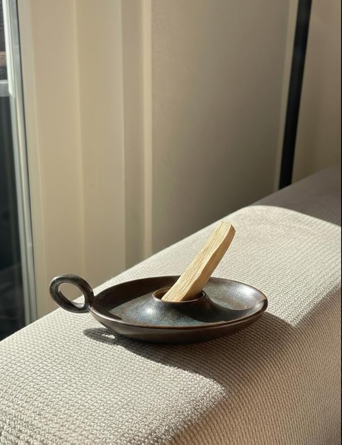 Klin-Transformation Glaze Green Incense Holder，Handcrafted Ceramic with Unique Flowing Colors & Handle for Sage, Palo Santo, Good for Meditation & Yoga Gift