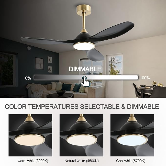 52 Inch High CFM Modern 3 Blade Black Gold Ceiling Fan with Lights Remote | Quiet DC Motor, 6 Speed, Indoor Living Room Bedroom Ceiling Fan