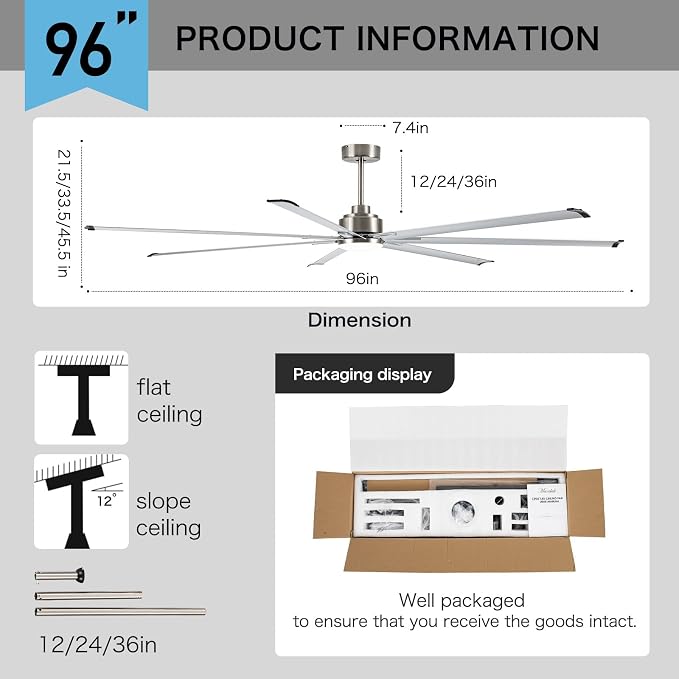 Minislak 96" Industrial Commercial HVLS 7 Brushed Nickel Aluminum Blades Ceiling Fan with Light and Compatible Alexa,High CFM Brushless Motor,6-Speed,Indoor Outdoor Ceiling Fan for Patio,Garage,Shop