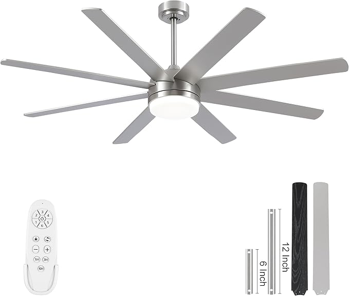 YUHAO 62 Inch Brushed Nickel Ceiling Fan with Light and Remote Control.Noiseless,Dimmable,3CCT,6 Speeds Reversible, DC Ceiling Fans for Indoor or Covered Outdoor Use.ETL Listed