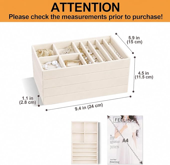 ProCase Stackable Jewelry Organizer Trays for Drawers, Jewelry Drawer Inserts Container Display Case Storage for Earring Necklace Rings Bracelet with Removable Dividers -Beige, 4 Layers