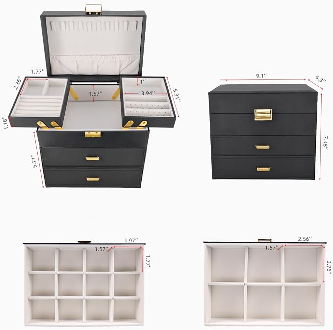 Dajasan Jewelry Organizer Box, Large Jewelry Boxes for Women Girls, Space-Saving 4 Layers Jewelry Storage Case with Drawer, Movable Metal Stand, Modern, Gift Idea (Black + Gold)