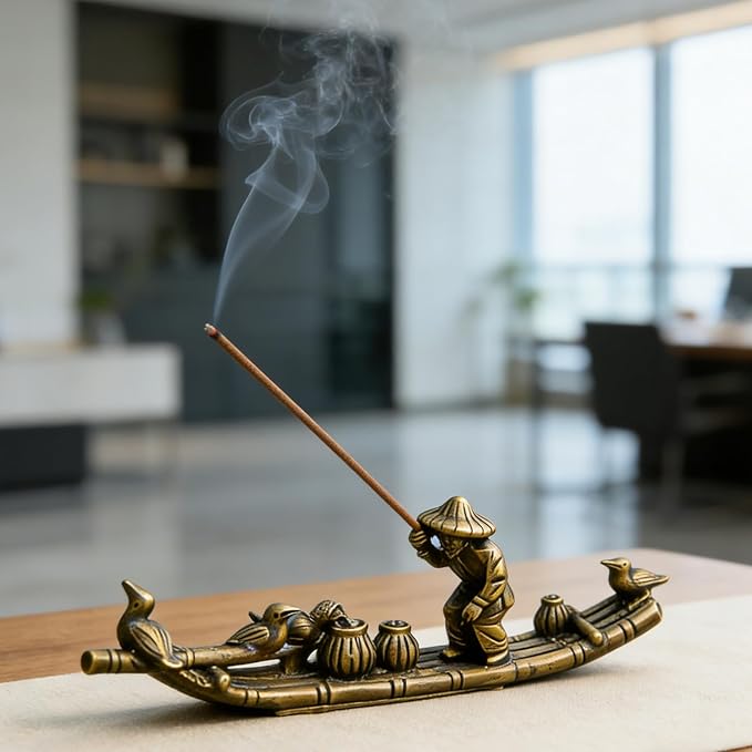 Vintage Solid Brass Bamboo Raft Fisherman Figurines, Incense Holder Zen Decor for Tea Table, Home Office Collectible Sculpture for Zen Enthusiasts Tea Lovers