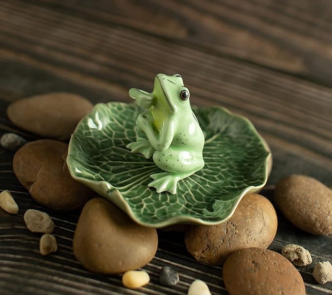 2" Dark Green Frog On 4" Wide Lotus Leaf Ceramic Incense Stick Holder Artistic Collectible Figurine for Adult Collectors Interior Accent Gift Handcrafted Porcelain Home Room Decor