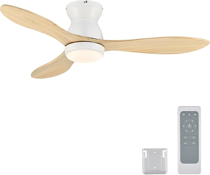 VONLUCE Wood Ceiling Fan with Lights, 42 Inch Flush Mount Ceiling Fan and Remote, 6-Speeds Quiet Reversible DC Motor, 3CCT, Natural Wood 3 Blades Outdoor Ceiling Fan for Patios Farmhouse, White