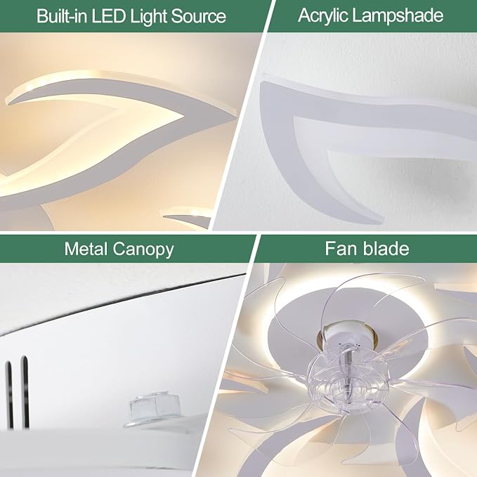 Modern Ceiling Fan with Lights, White Flush Mount Ceiling Fan with Remote & APP Control, Dimmable LED Ceiling Fan Light, 6 Speed Low Profile Fan for Bedroom Living Room