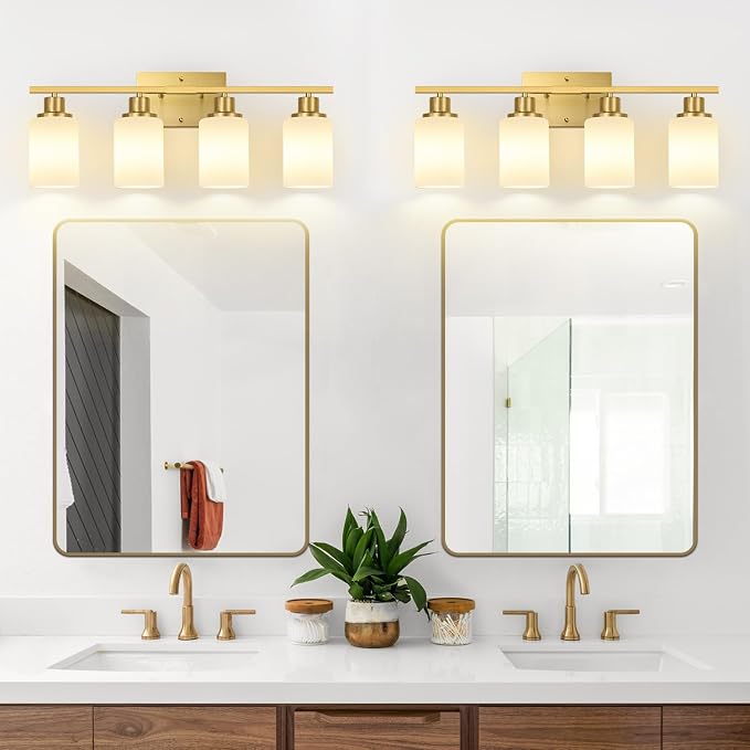 Indoi 4-Light Bathroom Light Fixtures, Brushed Gold Modern Vanity Lights with Milky White Shades, Bathroom Wall Lamp for Mirror Living Room Cabinet Bedroom Porch