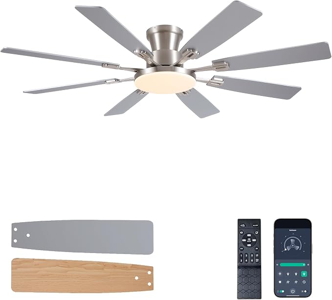 JSAITEE 60Inch Ceiling Fan with Lights Large Low Profile Flush Mount Nickel | Ceiling Fans,DC Reversible Motor Noiseless, 3CCT Dimmable, Dual Finish, 6 Speeds Ceiling Fan for Indoor/Outdoor,Nickel