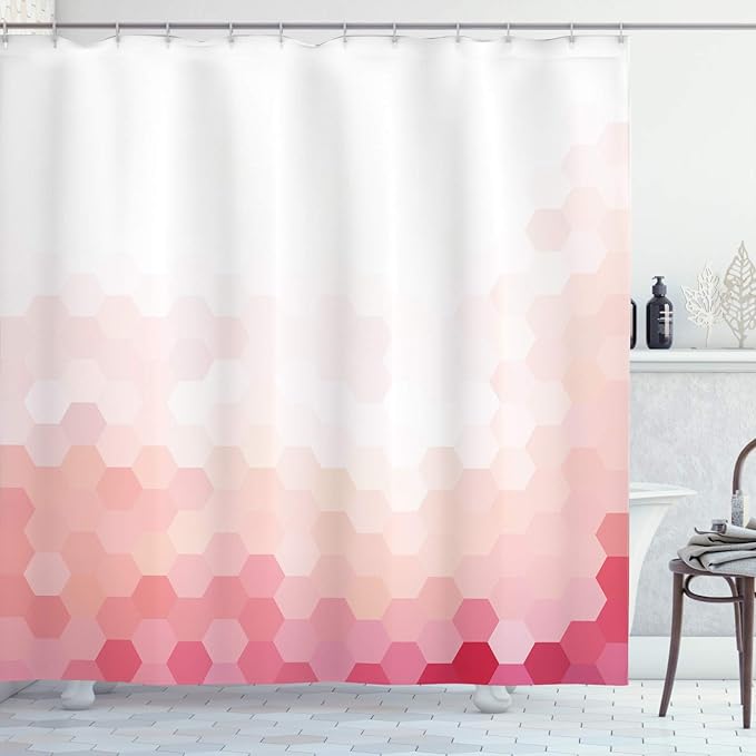 Ambesonne Pale Pink Shower Curtain, Gradient Toned Geometric Style of a Digital Abstract Style of Hexagon Modern Display Work of Art, Fabric Bathroom Decor Set with Hooks, 69" W x 75" L, White Coral