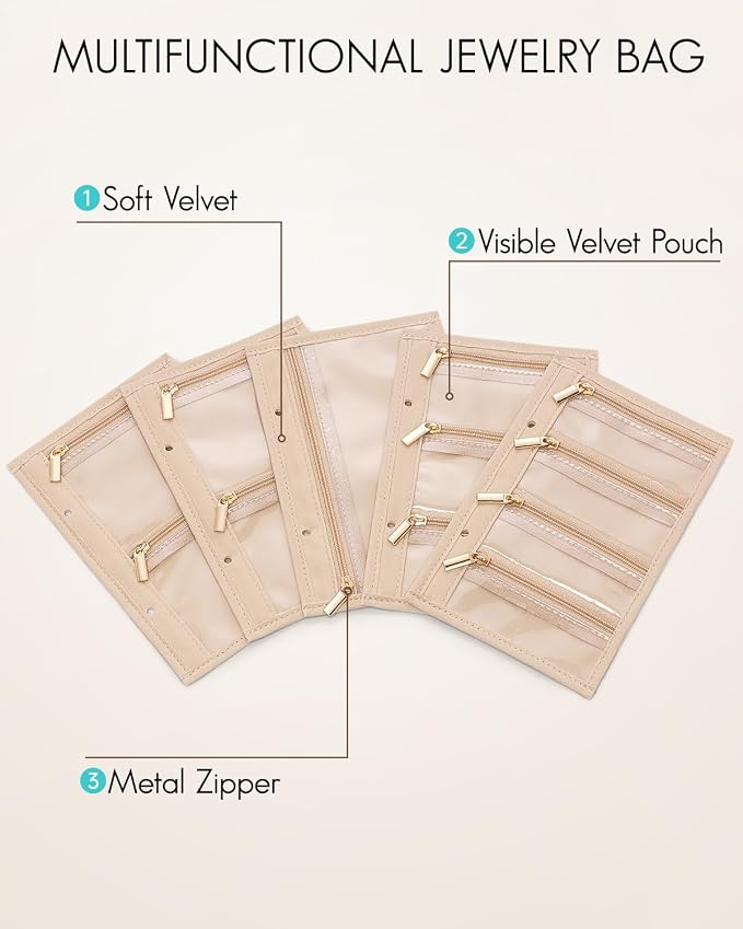 VLANDO Travel Jewelry Bags,Jewelry Storage Pouch,5 Pcs Clear Velvet Zipper Pockets Bag for Travel Business Trip Jewelry Organizer for Women Girls