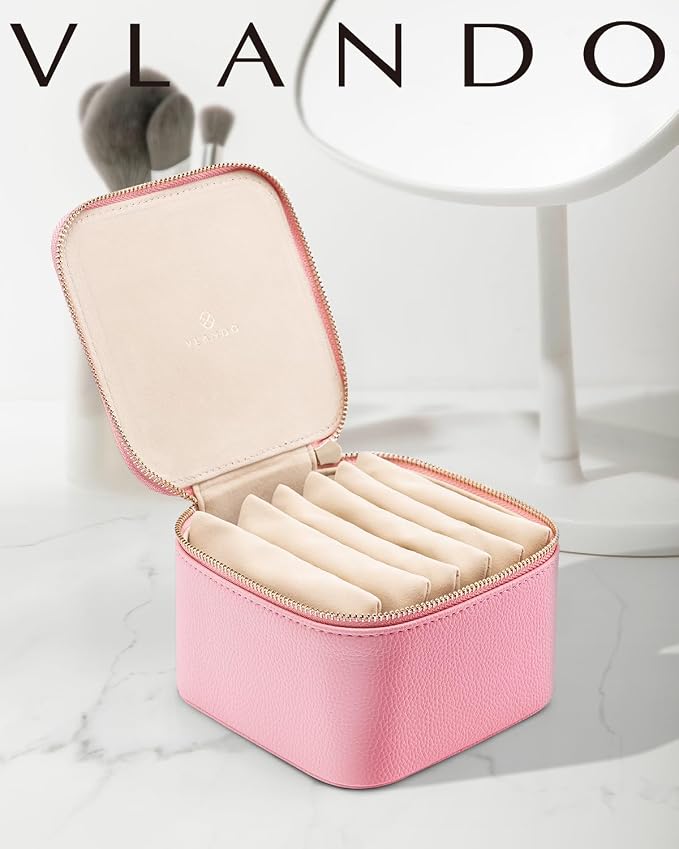 VLANDO Travel Jewelry Box for Women,Faux Leather Jewelry Case with 6 Velvet Jewelry Zipper Pockets,Gift Ideas for Women Wife Earrings Necklace Rings Storage Boxes(Strawberry Pink)