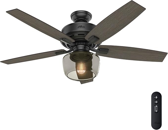 Hunter 52 inch Indoor Ceiling Fan with LED Light and Remote Control - Standard Mount Black Ceiling Fan, 5 Blades, For Bedroom, Living Room, or Kitchen, Quiet - Bennett 54187, Matte Black | with LED Light and Remote Control, Quiet, 5 Blades, For Bedroom...