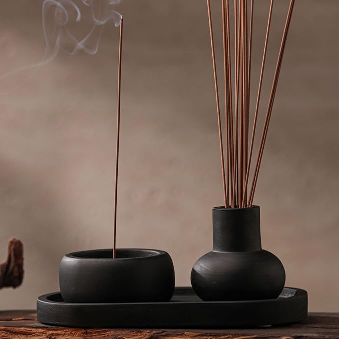 Concrete Incense Burner Set with Holder and Tray,Multifunction Incense Holder for Burning Sage,Palo Santo,Incense Sticks,Ideal for Meditation Home Decor(Black)