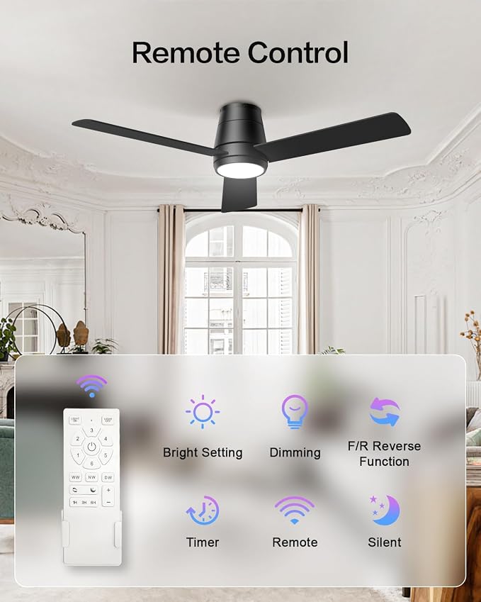 Ceiling Fans with Lights and Remote 46 inch, Flush Mount Low Profile Ceiling Fan with Light for Bedroom Living Room, Quiet Reversible DC Motor, 3CCT Dimmable 24W LED, 6 Speeds