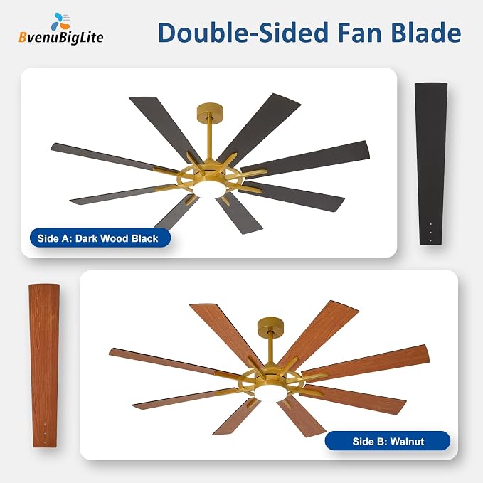 Large Ceiling Fans with Lights: Modern 66 Inch 8 Blade Outdoor Ceiling Fan with Remote APP Control - Dimmable Black Gold Big Fan light Indoor Reversible 6 Speed Quiet DC Motor
