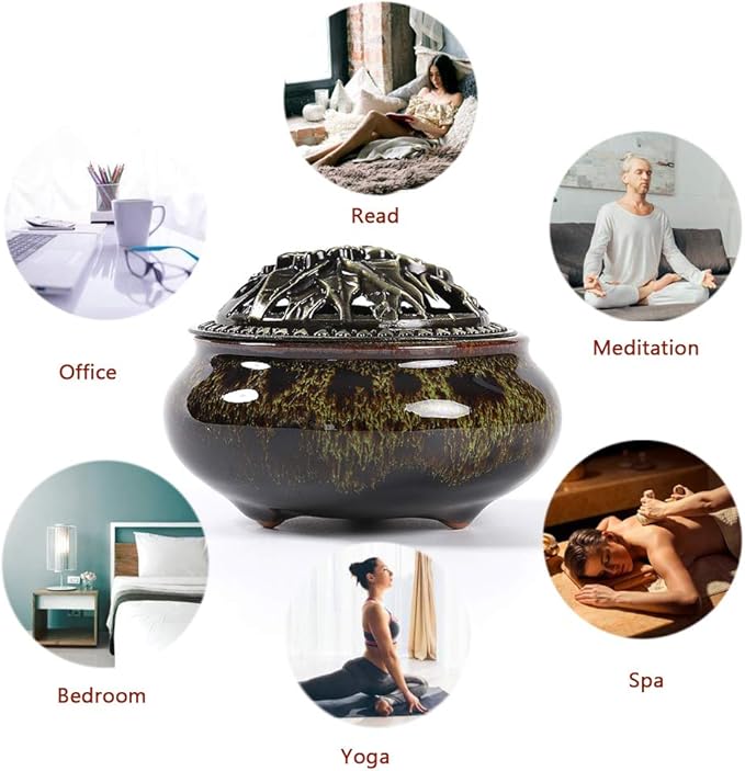 Incense Burner with Calabash Incense Stick Holder - Porcelain Charcoal Censer for Use with Resin Granular Powder Cone or Coil Incense (Fambe Green)