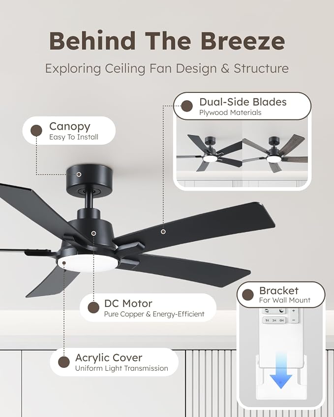 52 Inch Balck Downrod Ceiling Fans with Lights and Remote | 3CCT Dimmable LED, 6 Speed, Quiet DC Motor, 3-Level Timer Function, Forward/Reserve For all Seasons, Indoor/Covered Outdoor