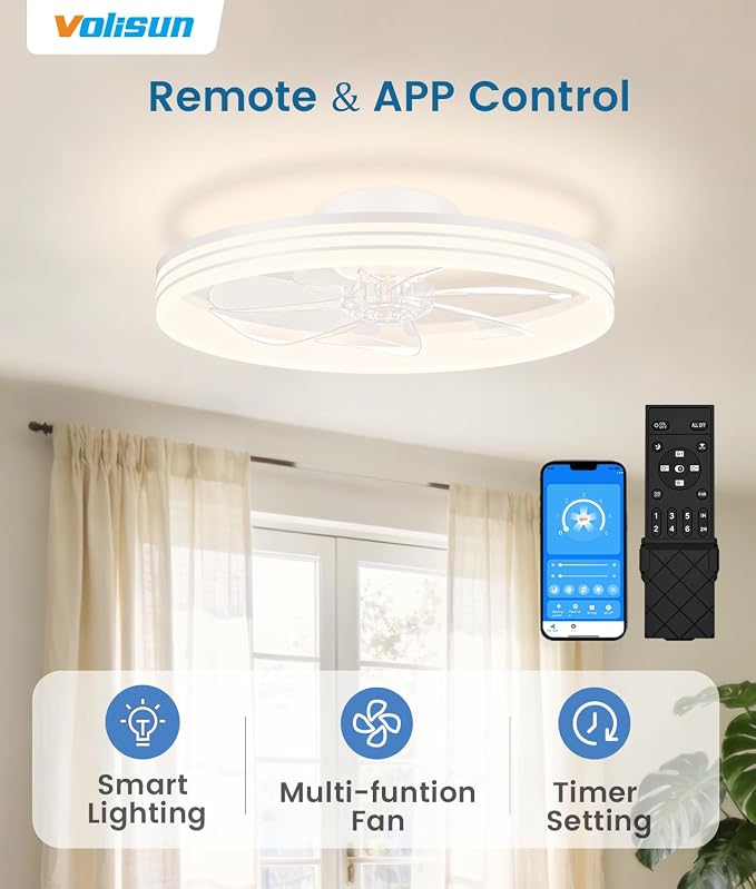 VOLISUN Low Profile Ceiling Fans with Lights and Remote, No Assembly, 20in Flush Mount Ceiling Fan with Light, 3000K-6500K Dimmable Fandelier LED Fan Light, Black Bladeless Ceiling Fans for Bedroom