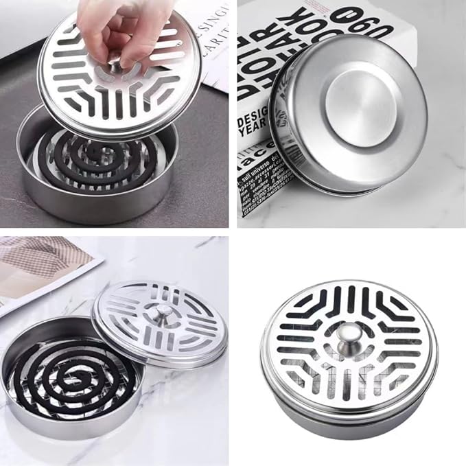 2Pcs Mosquito Coil Holder Stainless Steel Incense Holder Incense Burner Ash Tray with Lid for Home, Outdoor, Camping and Fishing (2Pcs Silver)
