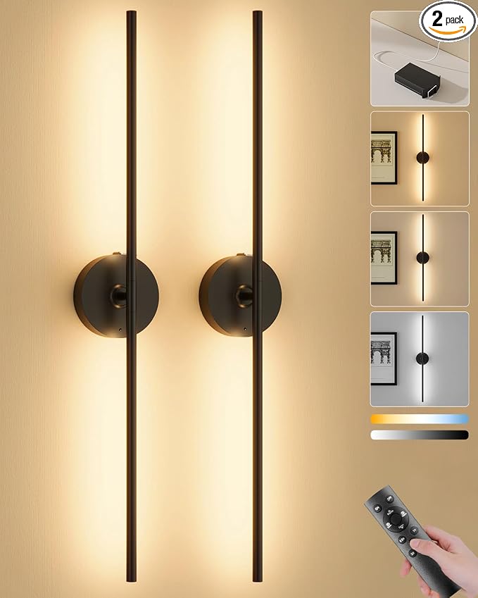 Ouyulong Battery Operated Wall Sconces Set of 2, 8000mAh Wireless Rechargeable 3000-6000K Dimmable 350° Rotate Wall Light with Remote for Living Room, Bedroom 31.6in Black