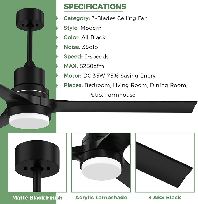 Obabala Outdoor Ceiling Fans with Lights, 52 Inch Black Ceiling Fan with Light and Remote 3 Color 6 Speed Adjustable, Noiseless DC Motor for Indoor Outdoor Patio Farmhouse Bedroom