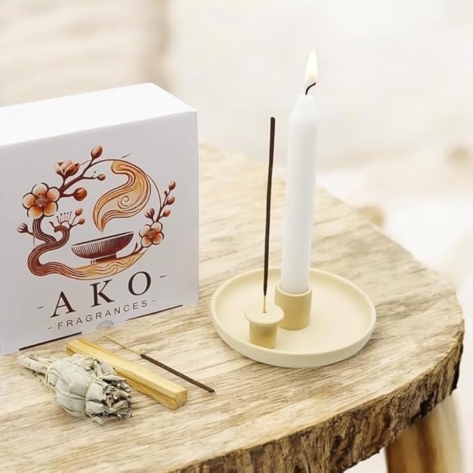 4 in 1 Incense Burner Holder - Multi-Purpose Ceramic Incense Stick Holder, Palo Santo Holder for Clean Burning, Sage Meditation Burner Set, Candle Holder for Aromatherapy (Matte Beige)