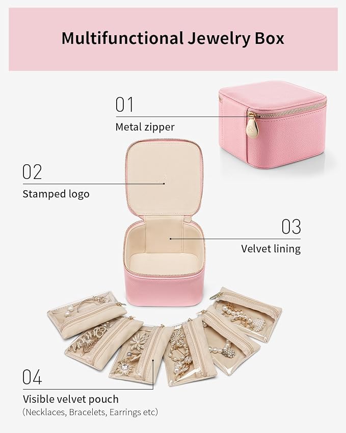VLANDO Travel Jewelry Box for Women,Faux Leather Jewelry Case with 6 Velvet Jewelry Zipper Pockets,Gift Ideas for Women Wife Earrings Necklace Rings Storage Boxes(Strawberry Pink)