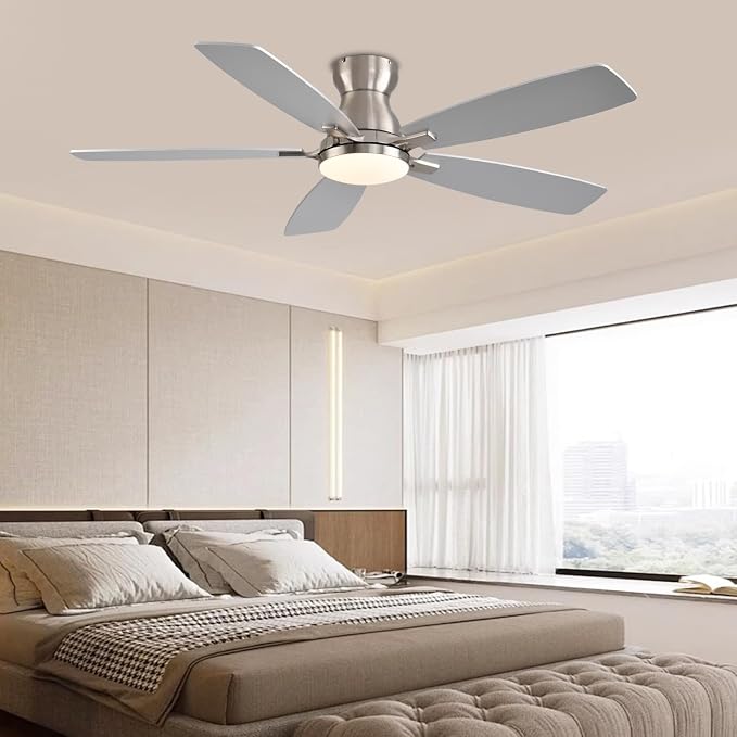 NKPU Ceiling Fans with Lights, Low Profile Ceiling Fan with Light and Remote/APP Control, DC Motor, Noiseless, Flush Mount, 52inch Nickel Ceiling Fan for Bedroom Indoor/Outdoor Use