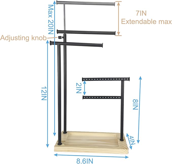 lengnoyp Premium Jewelry Stand, 4-Tier Storage Necklace Holder Stand, Earring Holder AdjustableTall 20I N (Max), Jewelry Organizer for Necklace, Bracelet, Earring, Black