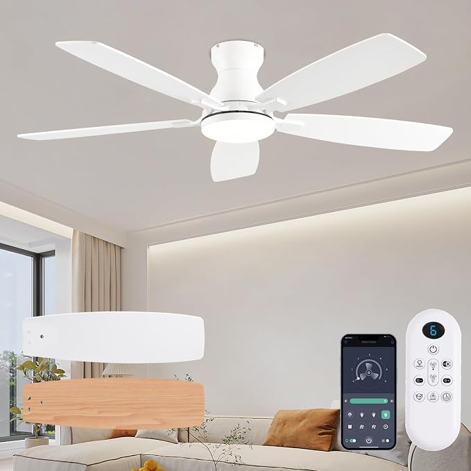 JSAITEE Ceiling Fans with Lights, 52 Inch Low Profile Ceiling Fan with Light and Remote Control, Flush Mount, DC Reversible Motor, Noiseless, White 6 Speeds Ceiling Fan for Bedroom