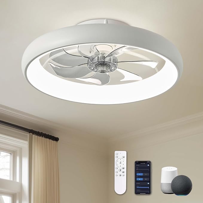 LUDOMIDE 20" Modern White Flush Mount Ceiling Fan with Lights, 6 Wind Speeds, LED, Voice Control, Bedroom, Living Room, Kitchen